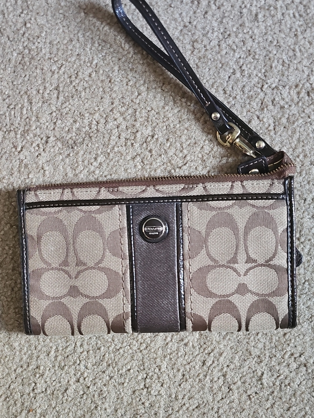 Coach Brown and Tan Signature Canvas Wristlet with Leather Trim